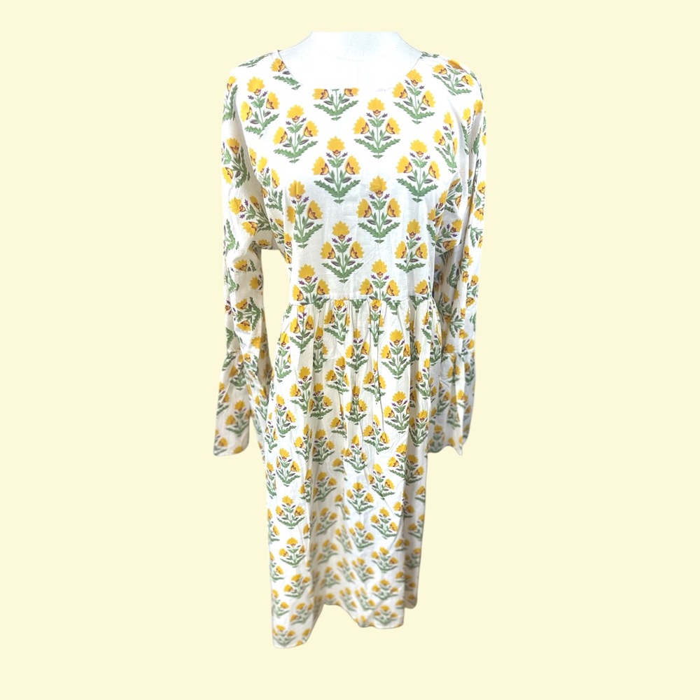 Kaantha Karma NWT SZ 1-2X cotton Vibrant Yellow & Green ‎ block printed midi
